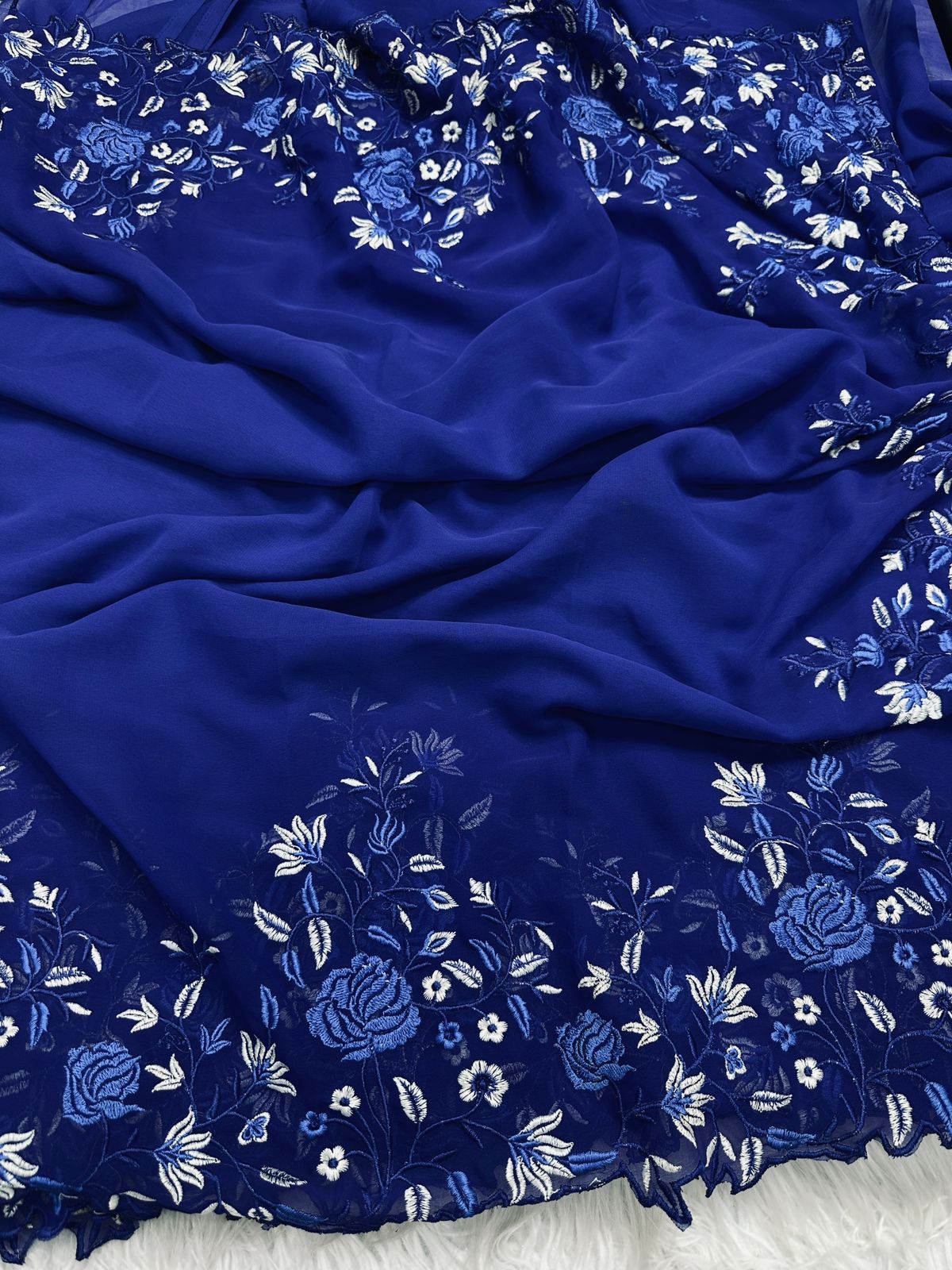 Pure Georgette Saree With Shaded Floral Embroidery On Borders