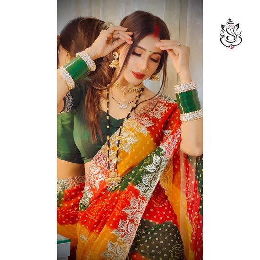 Soft Georgette  Bhandhini Print Saree With Heavy c-Pallu Seqance Zari Work With Butti In Whole Saree