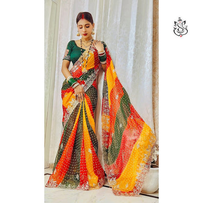 Soft Georgette  Bhandhini Print Saree With Heavy c-Pallu Seqance Zari Work With Butti In Whole Saree