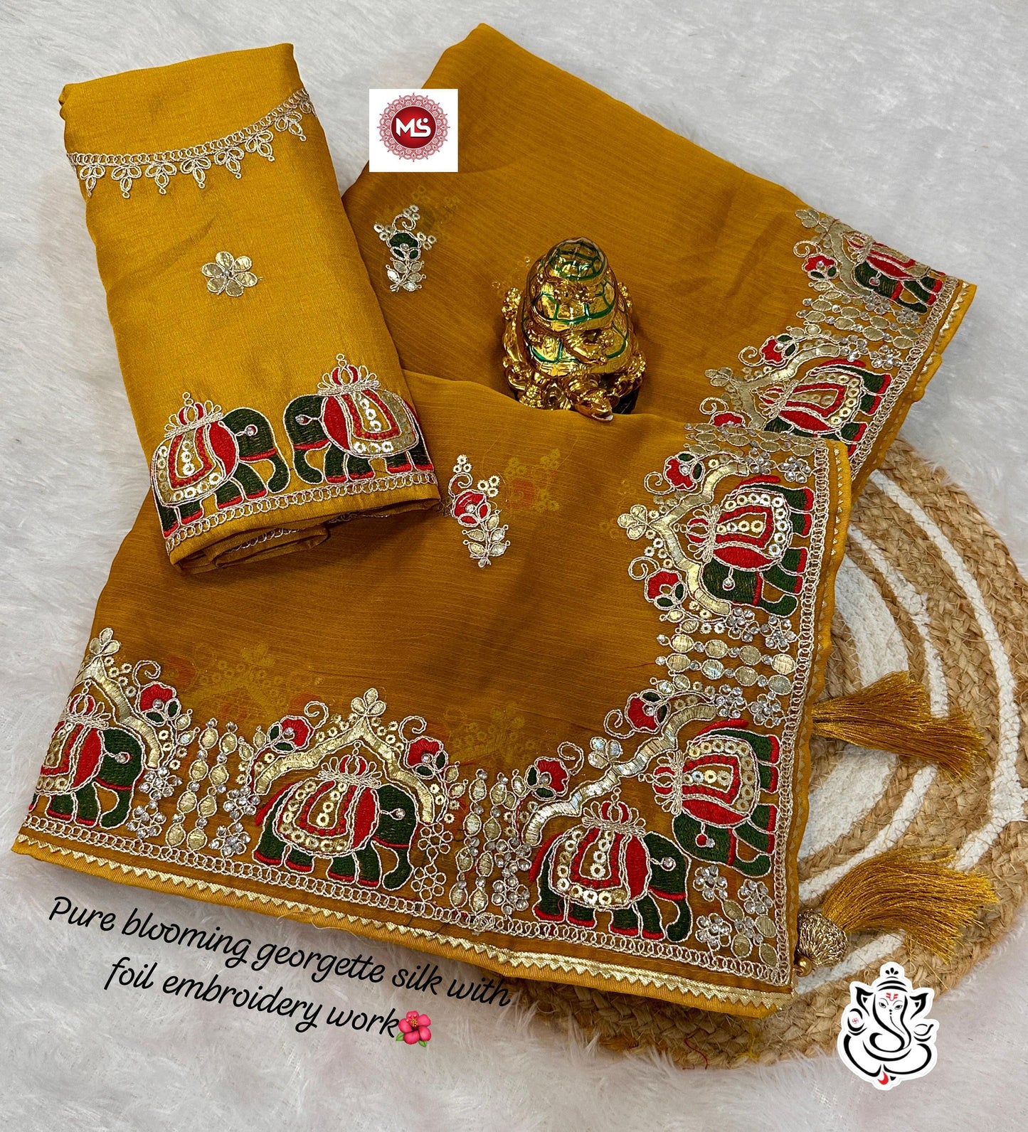 Heavy Silky Blooming Georgatte Saree With Beautiful C-Pallu With Thred And Gottpati Foil Work