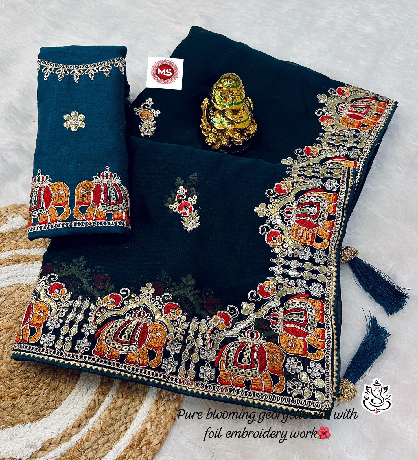 Heavy Silky Blooming Georgatte Saree With Beautiful C-Pallu With Thred And Gottpati Foil Work