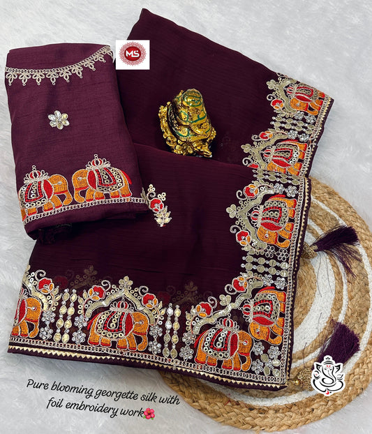 Heavy Silky Blooming Georgatte Saree With Beautiful C-Pallu With Thred And Gottpati Foil Work