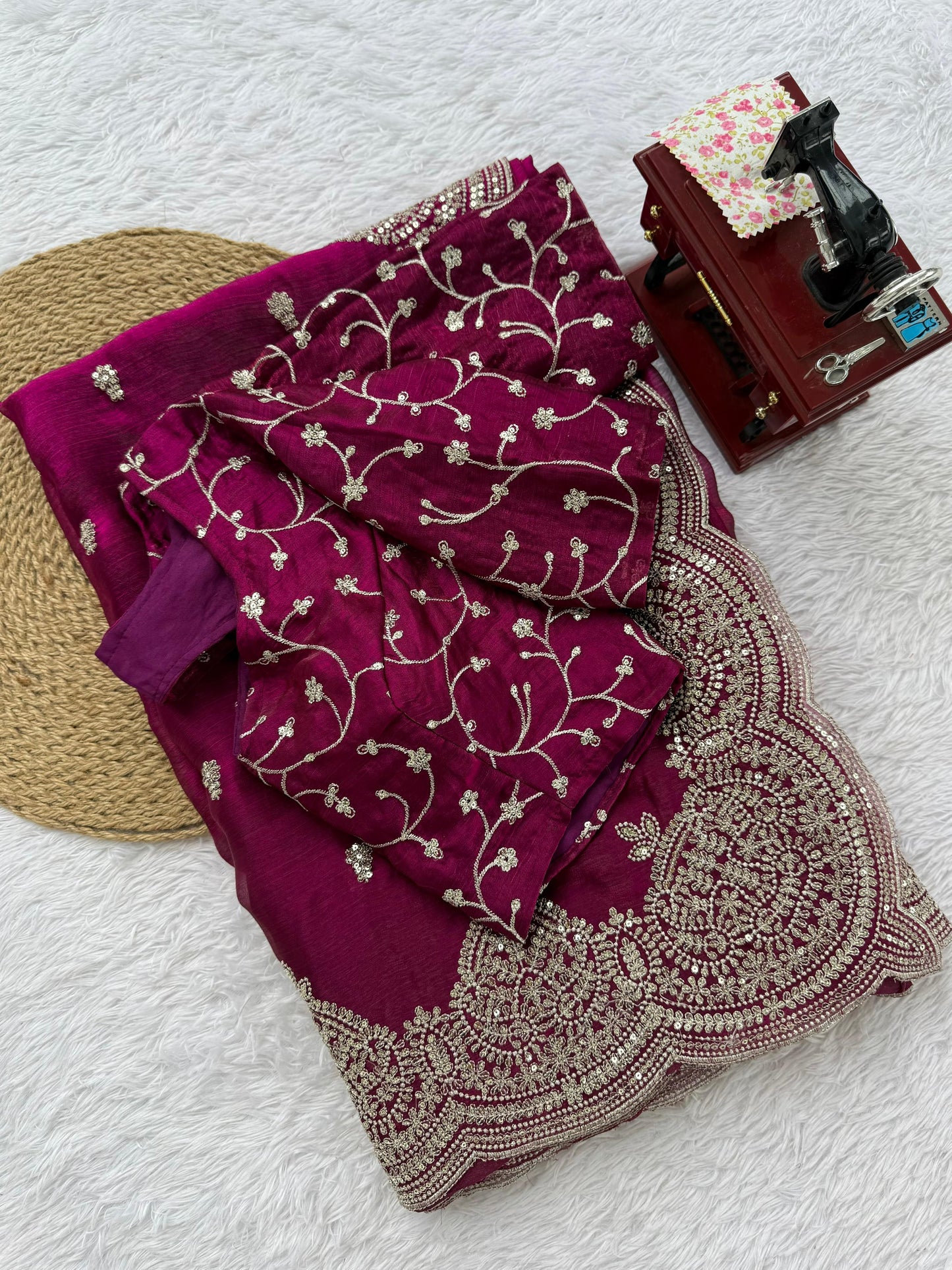 Designer Saree Fendi Chiffon Intricate Thread & Sequins Embroidery