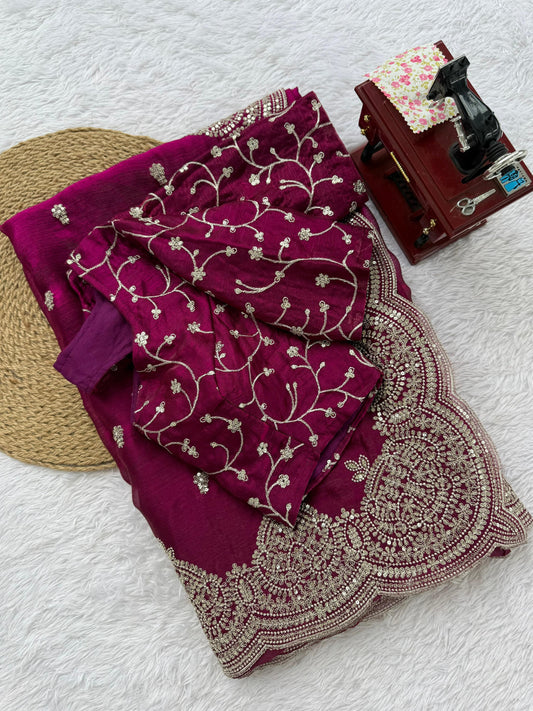 Designer Saree Fendi Chiffon Intricate Thread & Sequins Embroidery