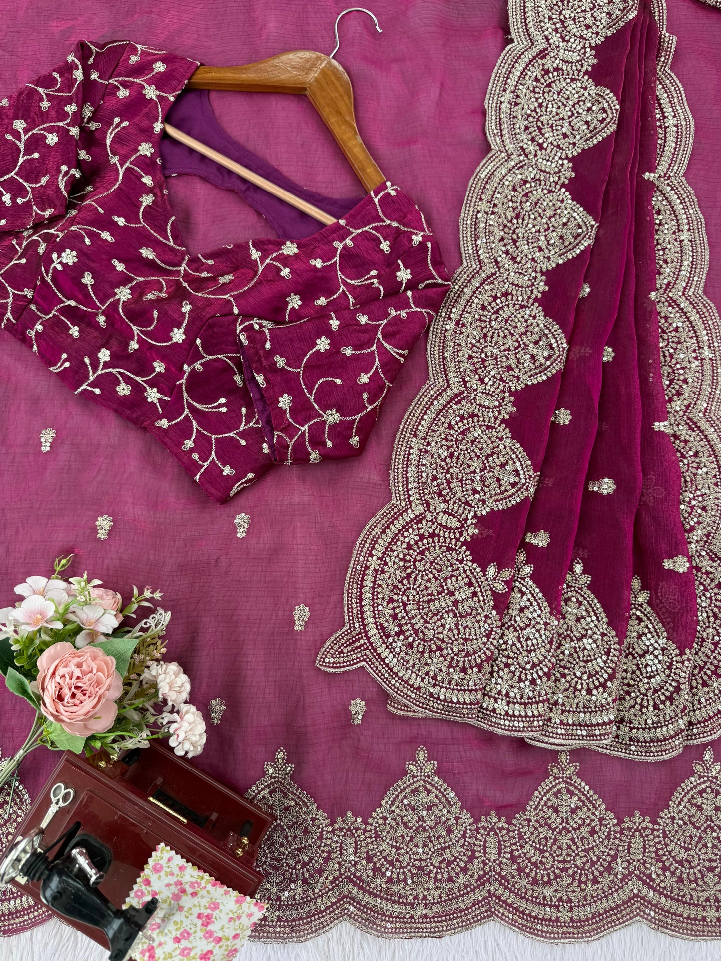 Designer Saree Fendi Chiffon Intricate Thread & Sequins Embroidery