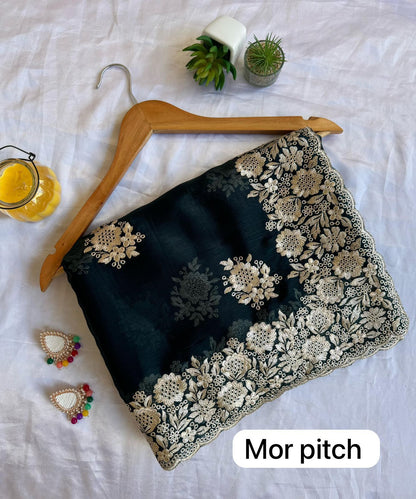 PURE JIMI CHU SILK SAREE WITH HEAVY THREAD EMBROIDERY WORK.