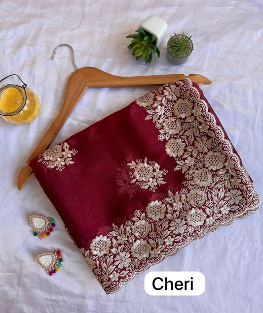 PURE JIMI CHU SILK SAREE WITH HEAVY THREAD EMBROIDERY WORK.