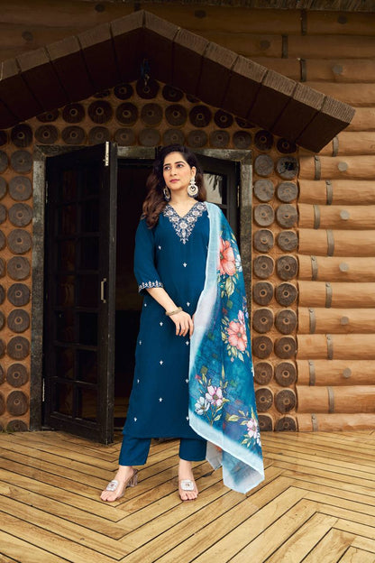 FULLY STITCHED ETHNIC SET  WITH DUPATTA  ROMAN SILK EMBROIDERED WORK