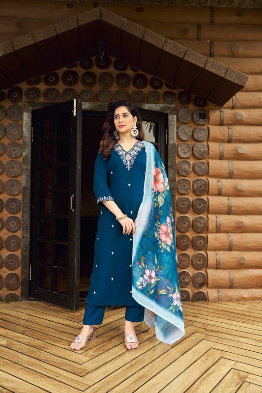 FULLY STITCHED ETHNIC SET  WITH DUPATTA  ROMAN SILK EMBROIDERED WORK