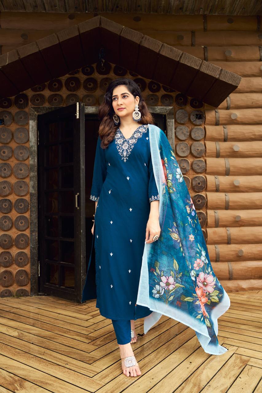 FULLY STITCHED ETHNIC SET  WITH DUPATTA  ROMAN SILK EMBROIDERED WORK