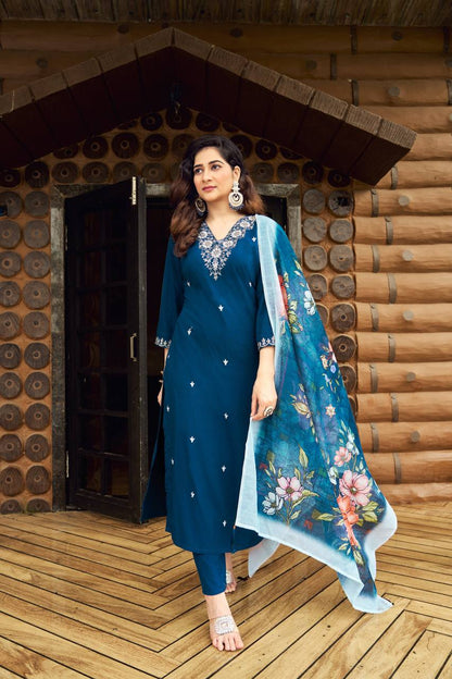 FULLY STITCHED ETHNIC SET  WITH DUPATTA  ROMAN SILK EMBROIDERED WORK