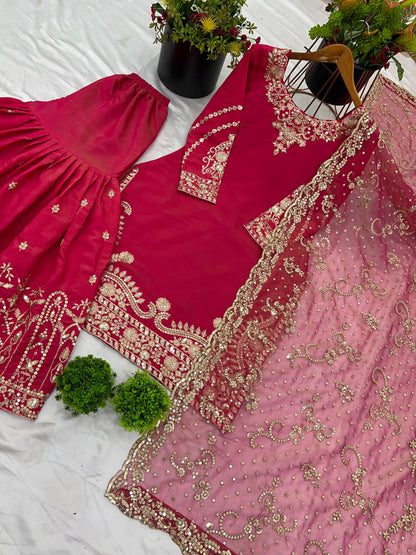 Presenting  New 60gm Georgette Designer Party Wear Look Top-Plazzo and Dupatta With Heavy Embroidery Work