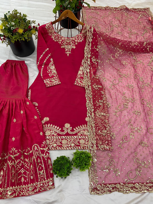 Presenting  New 60gm Georgette Designer Party Wear Look Top-Plazzo and Dupatta With Heavy Embroidery Work