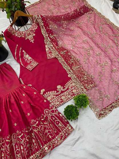 Presenting  New 60gm Georgette Designer Party Wear Look Top-Plazzo and Dupatta With Heavy Embroidery Work