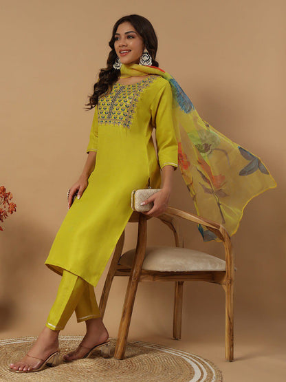 FULLY STITCHED ETHNIC SET  WITH DUPATTA RAMA COLOUR