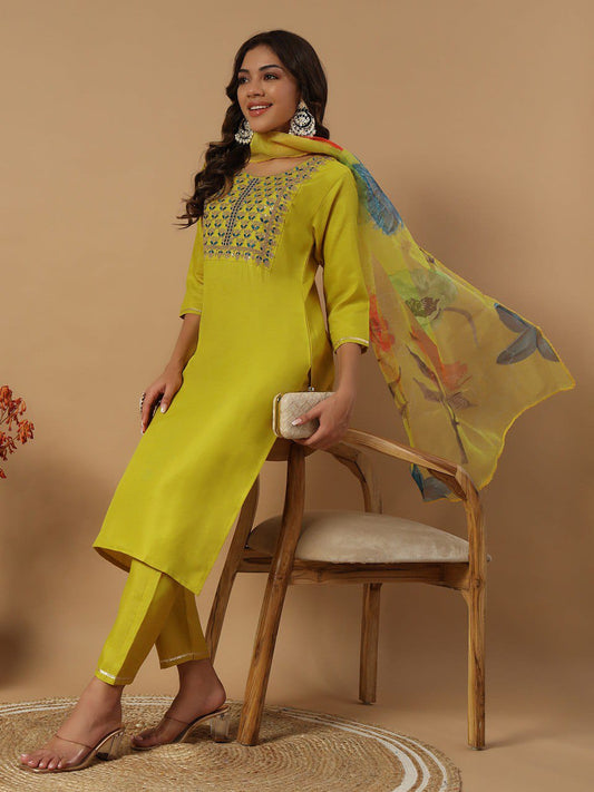 FULLY STITCHED ETHNIC SET  WITH DUPATTA RAMA COLOUR