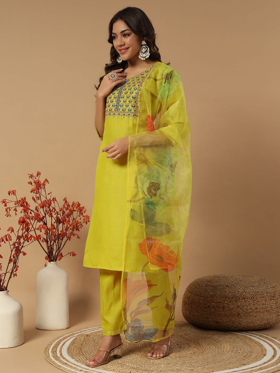 FULLY STITCHED ETHNIC SET  WITH DUPATTA RAMA COLOUR