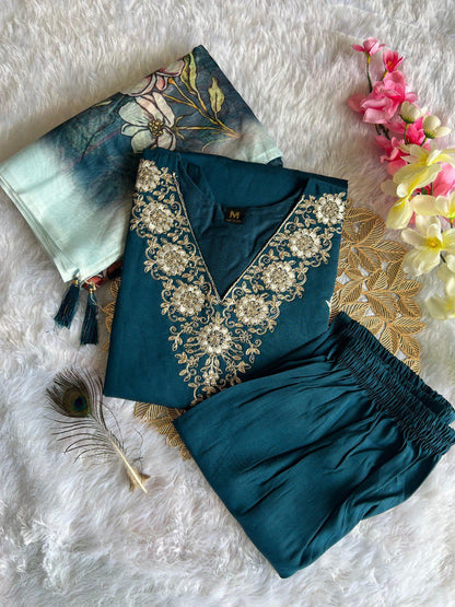 FULLY STITCHED ETHNIC SET  WITH DUPATTA BEST RAMA COLOUR