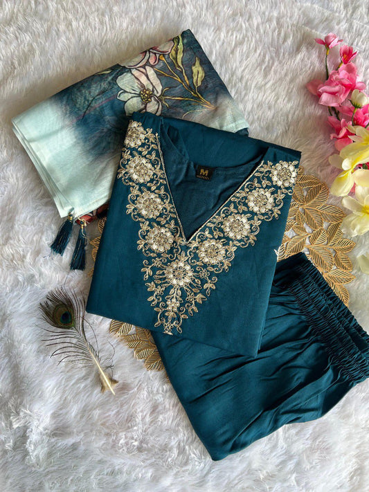 FULLY STITCHED ETHNIC SET  WITH DUPATTA BEST RAMA COLOUR