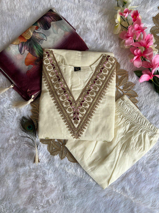 FULLY STITCHED ETHNIC SET  WITH DUPATTA WHITE COLOUR