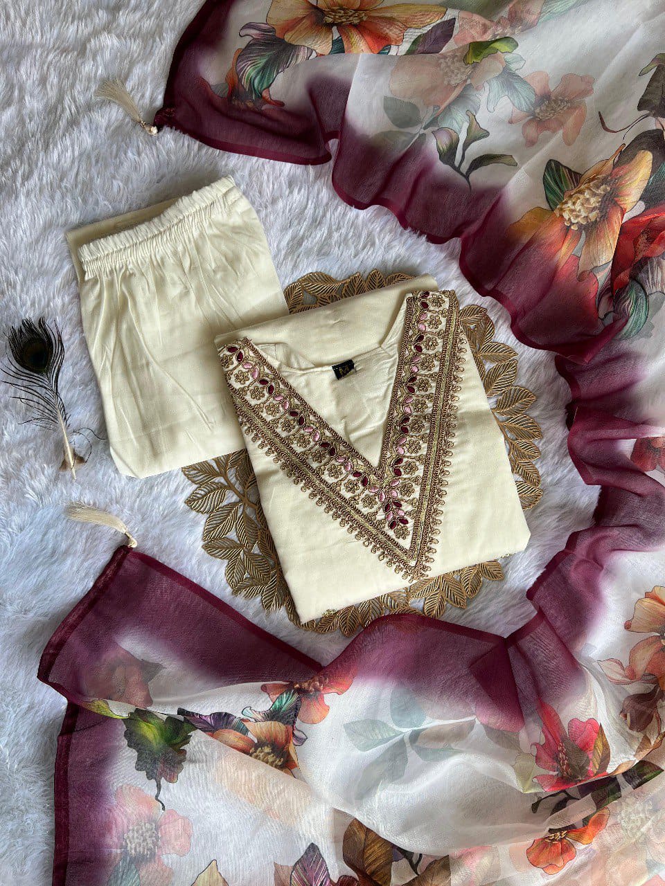 FULLY STITCHED ETHNIC SET  WITH DUPATTA WHITE COLOUR