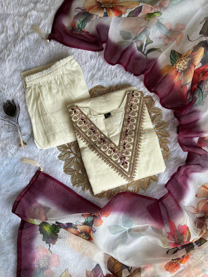 FULLY STITCHED ETHNIC SET  WITH DUPATTA WHITE COLOUR