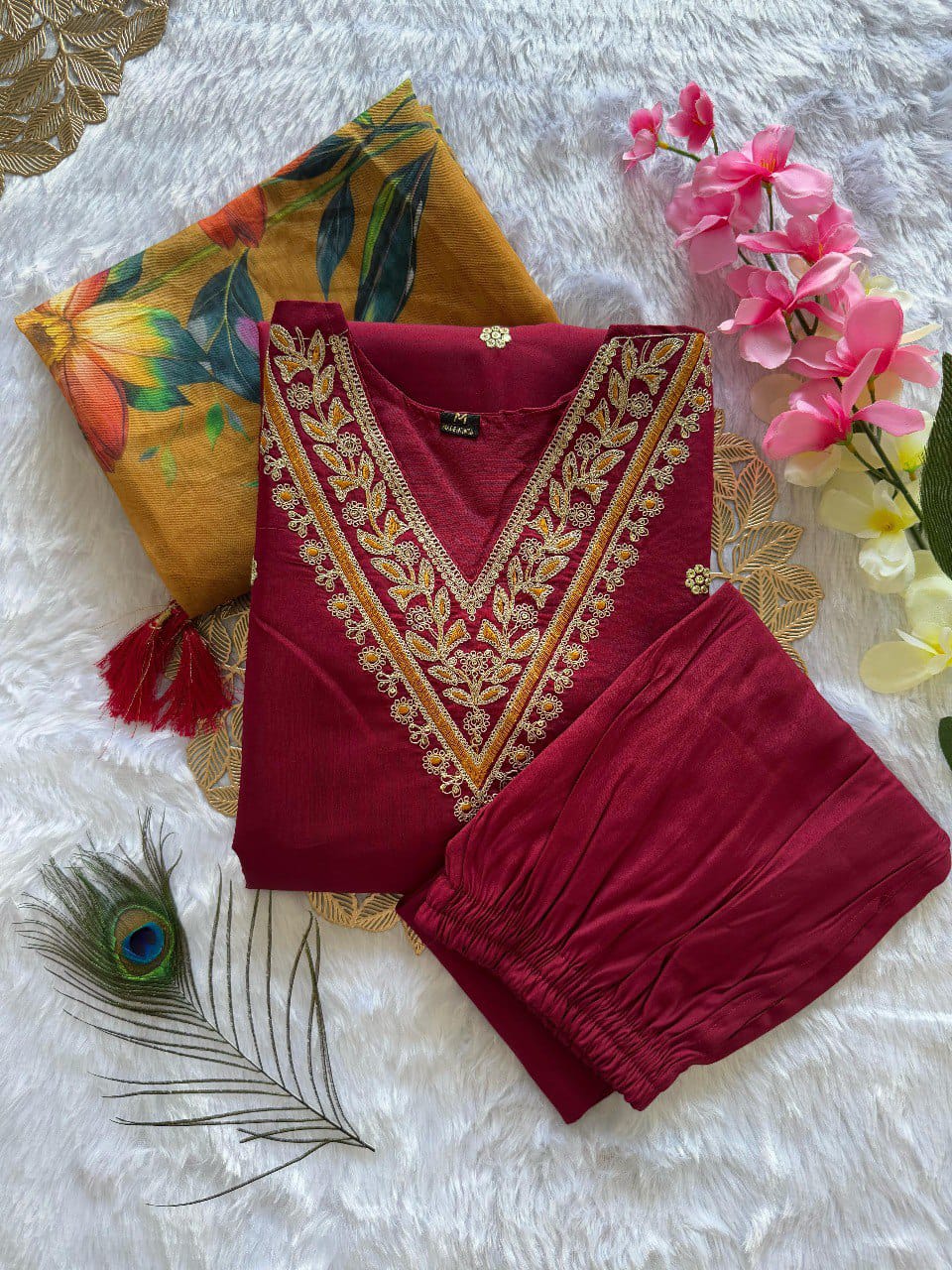 FULLY STITCHED ETHNIC SET  WITH DUPATTA RANI COLOUR