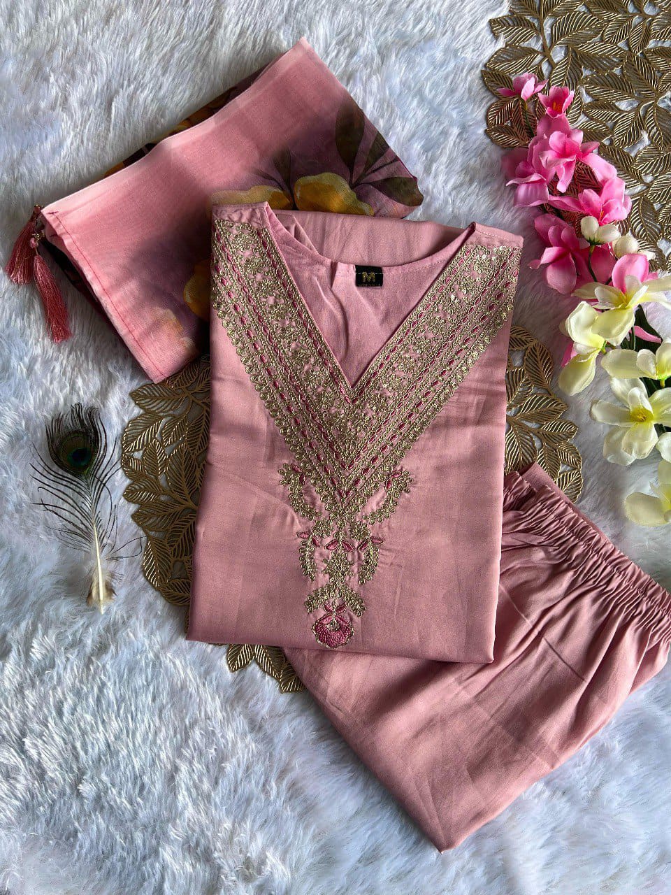 FULLY STITCHED ETHNIC SET  WITH DUPATTA PINK COLOUR