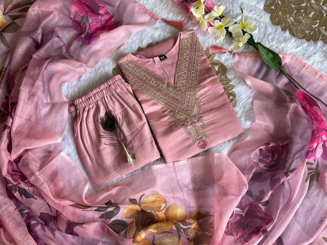 FULLY STITCHED ETHNIC SET  WITH DUPATTA PINK COLOUR