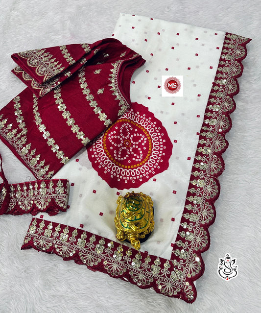 beautiful chinon  saree with rich look Bhandhejh  print