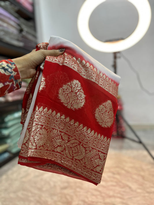 Viscose Georgette Saree With banarashi Contrast Blouse !