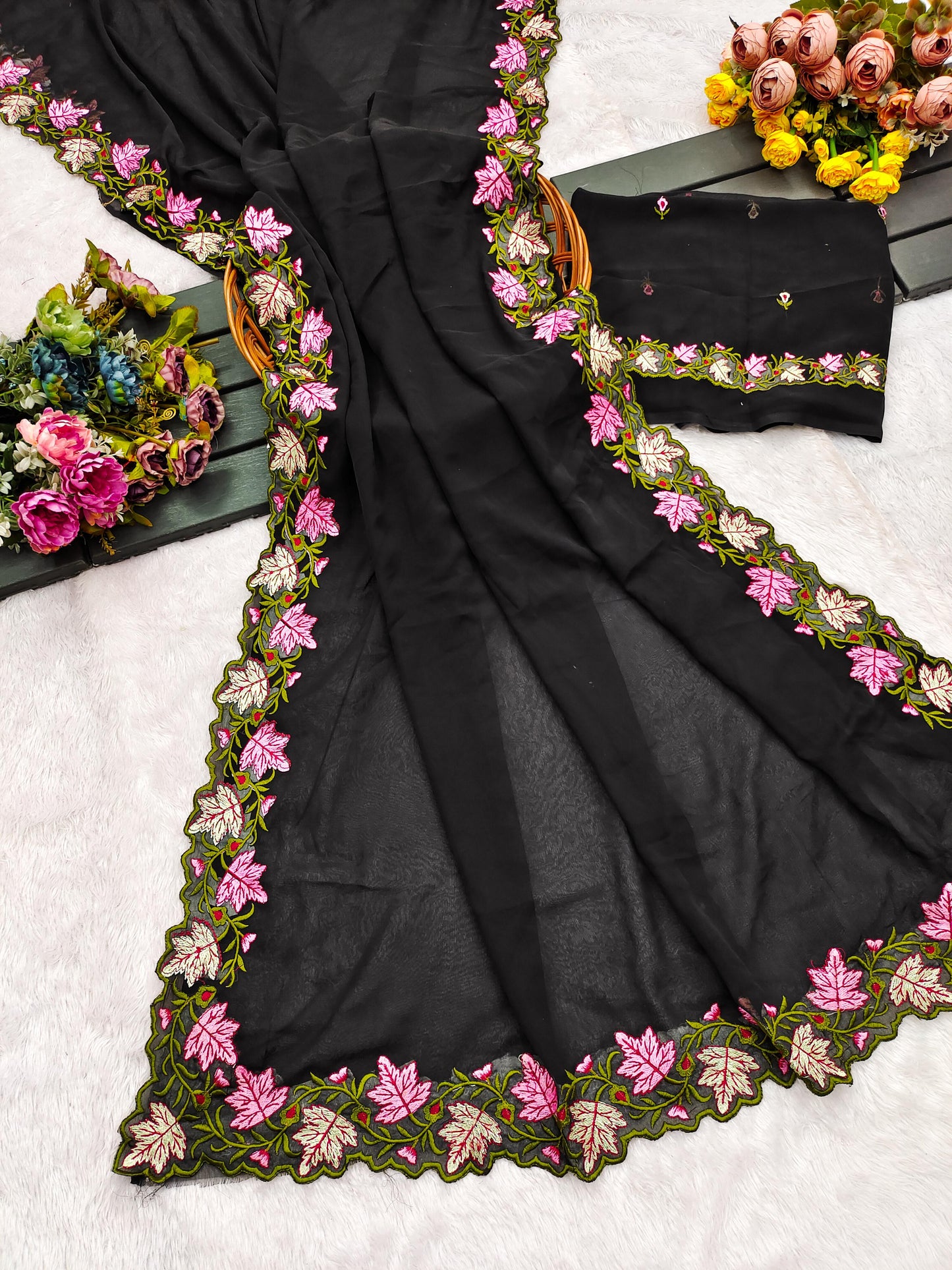 Faux Georgette Saree with Multi Thread Embroidery Design