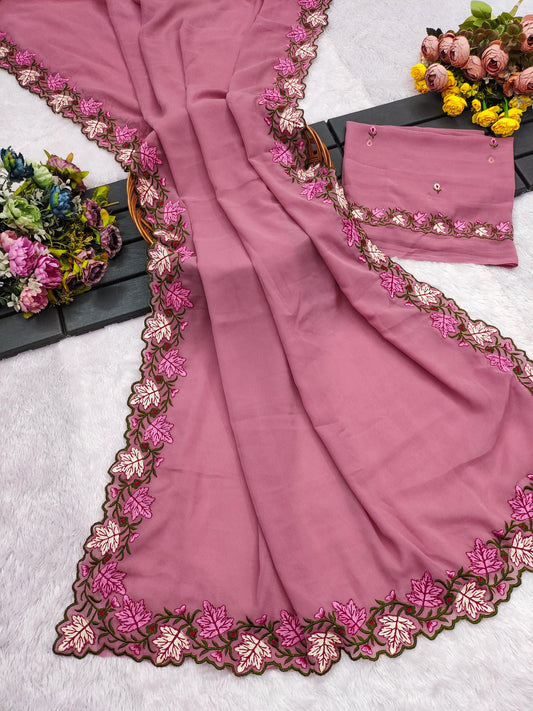 Faux Georgette Saree with Multi Thread Embroidery Design