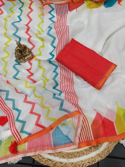 This beautiful linen cotton saree features a stunning digital temple print border