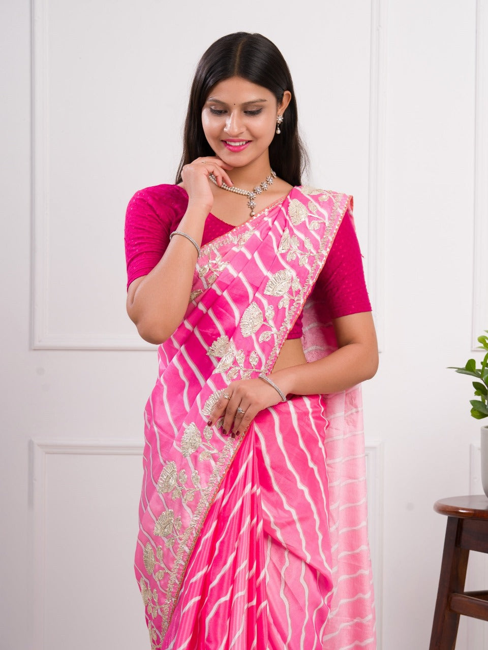 Pure Soft Chinon Silk Saree With Multi Beautiful Leheriya Print & Ribbon Work In C~Pallu