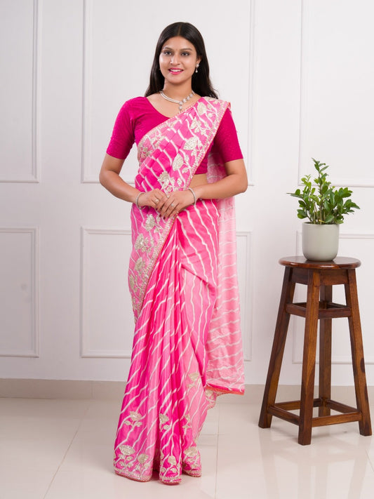 Pure Soft Chinon Silk Saree With Multi Beautiful Leheriya Print & Ribbon Work In C~Pallu