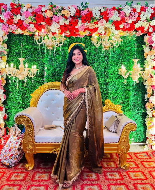Havy Shine Gold Jimmi Chu Silk Saree With Designer Lace