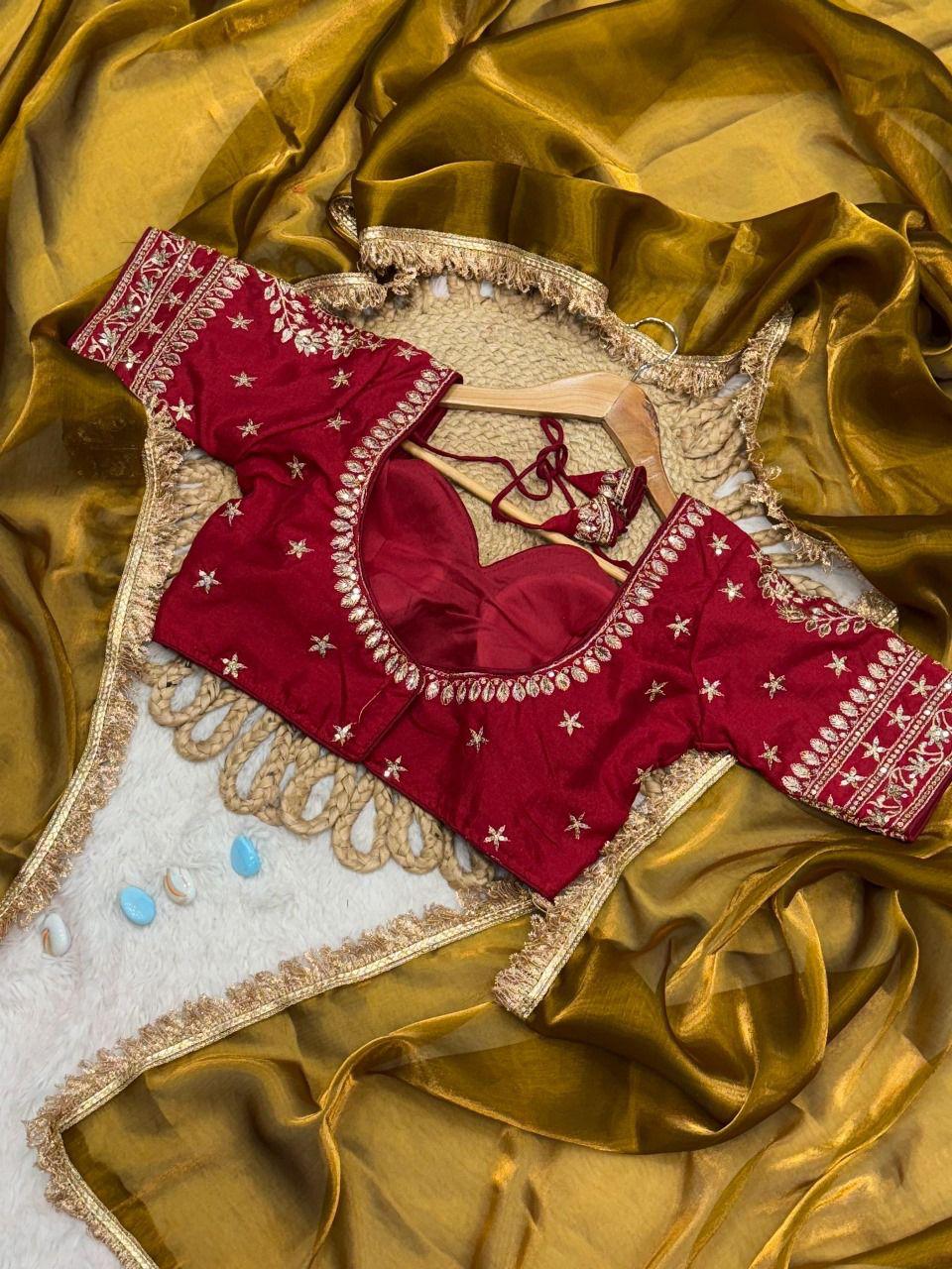 Havy Shine Gold Jimmi Chu Silk Saree With Designer Lace