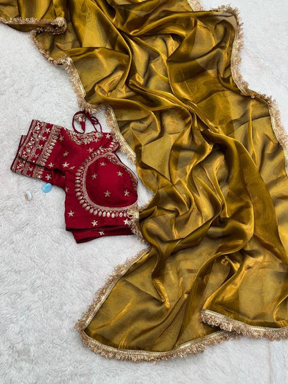 Havy Shine Gold Jimmi Chu Silk Saree With Designer Lace