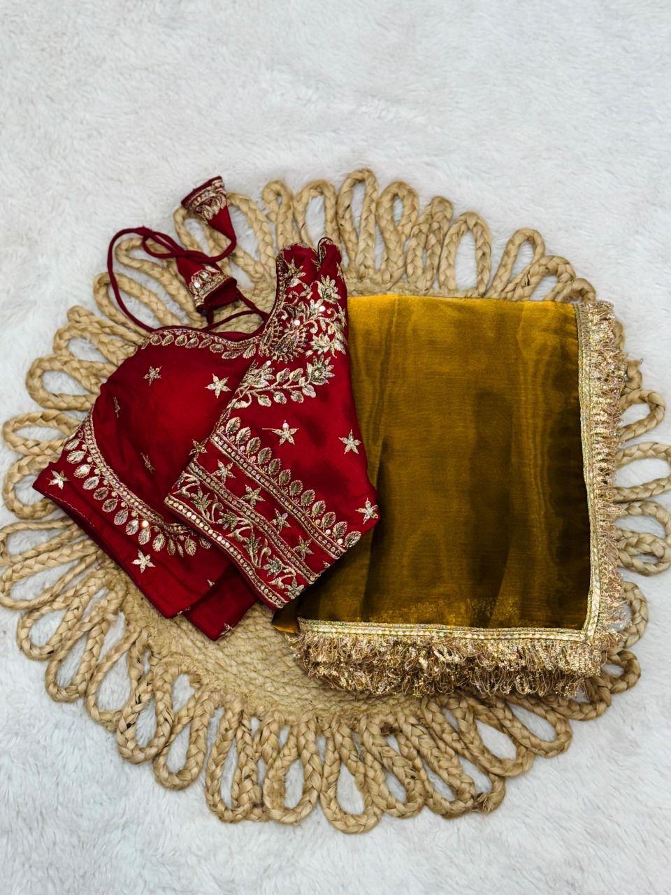 Havy Shine Gold Jimmi Chu Silk Saree With Designer Lace