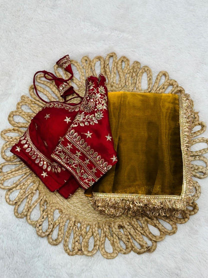 Havy Shine Gold Jimmi Chu Silk Saree With Designer Lace