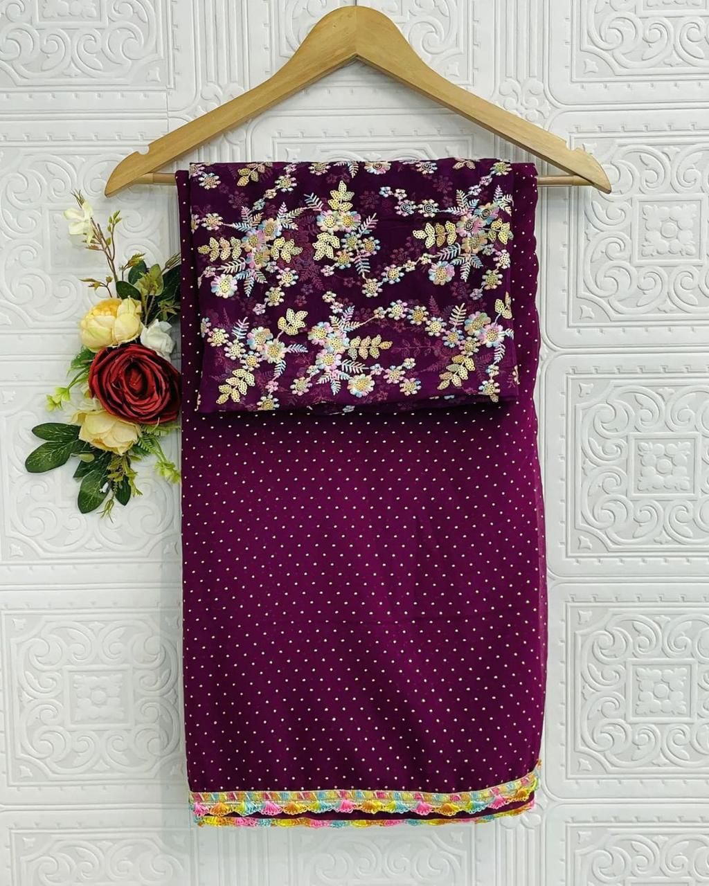 Georgette Saree With Georgette Multi Emrodiry Work Blouse With Rainbow Lace