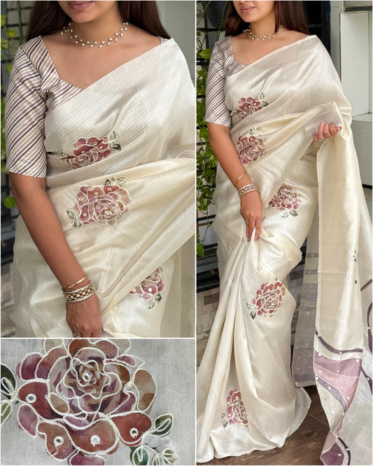 New Tussar Cotton Embroidery With Cut Work Festive Wear Fancy Designer Saree With Blouse