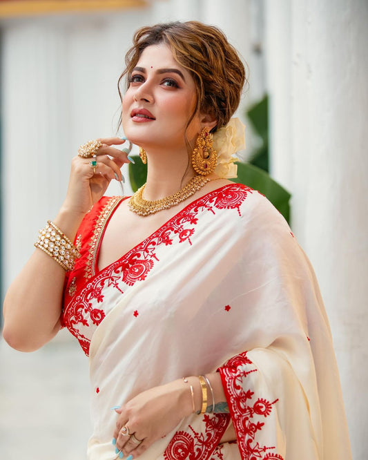 For this upcoming festival, present some special red&white saree collection by Nice Creation...