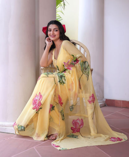 Elegant New Festive Wear Pure TABI ORGANZA Designer Print n Weaving Saree For Women