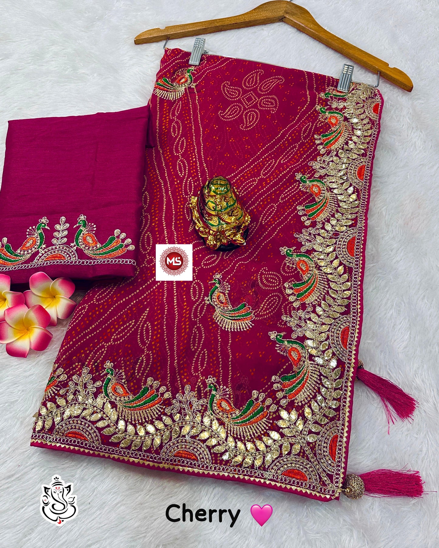 Women heavy georgatte bandhej saree with beautiful c-pallu with thred and gottpati work in all saree with multi nd coding work with rich look piping and heavy latkan on pallu thats give you a rich look saree