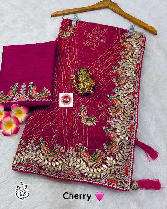 Women heavy georgatte bandhej saree with beautiful c-pallu with thred and gottpati work in all saree with multi nd coding work with rich look piping and heavy latkan on pallu thats give you a rich look saree