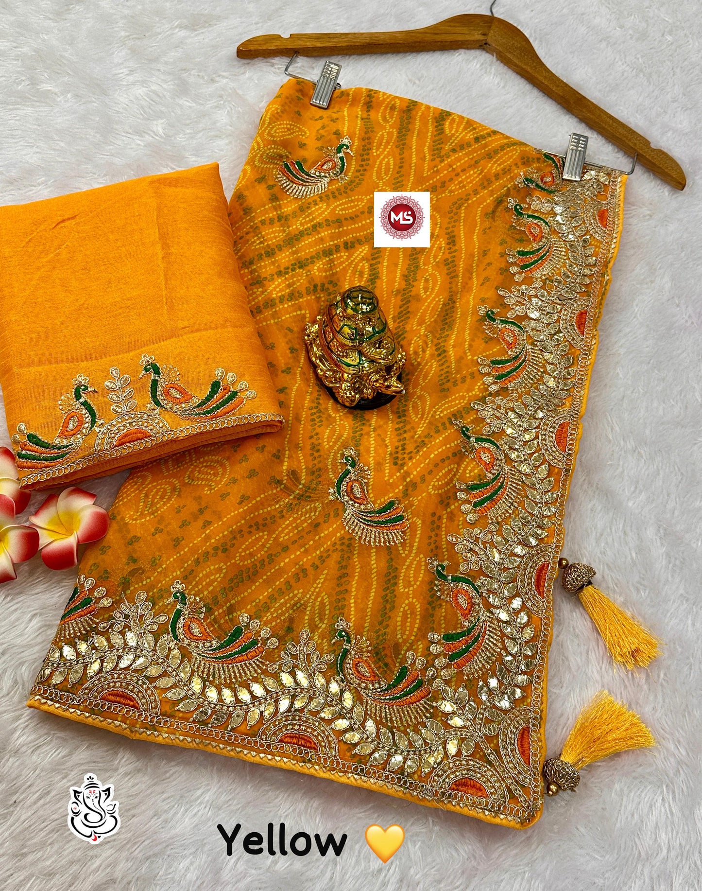 Women heavy georgatte bandhej saree with beautiful c-pallu with thred and gottpati work in all saree with multi nd coding work with rich look piping and heavy latkan on pallu thats give you a rich look saree