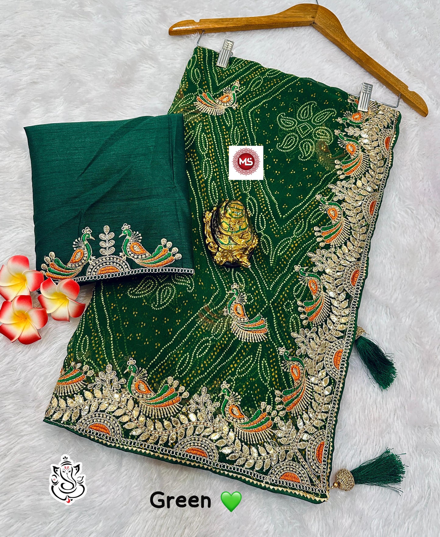 Women heavy georgatte bandhej saree with beautiful c-pallu with thred and gottpati work in all saree with multi nd coding work with rich look piping and heavy latkan on pallu thats give you a rich look saree