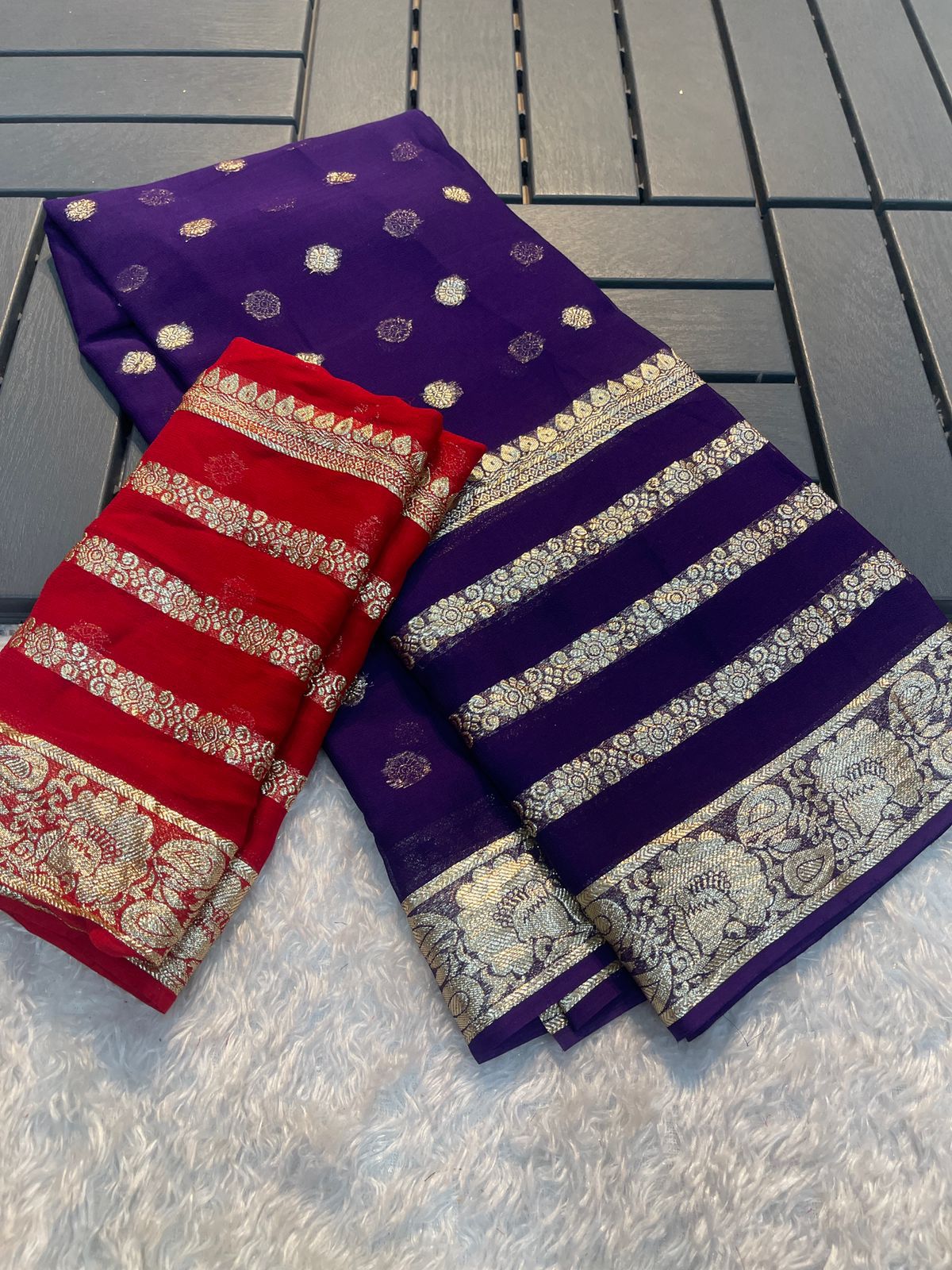 Latest Function wear Purple Color Viscose Georgette Jacquard Weaving Work Fancy Designer Saree